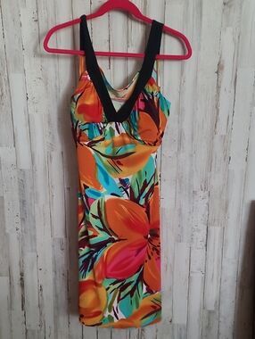Colorful Orange Floral V-Neck Midi Dress with Black Trim